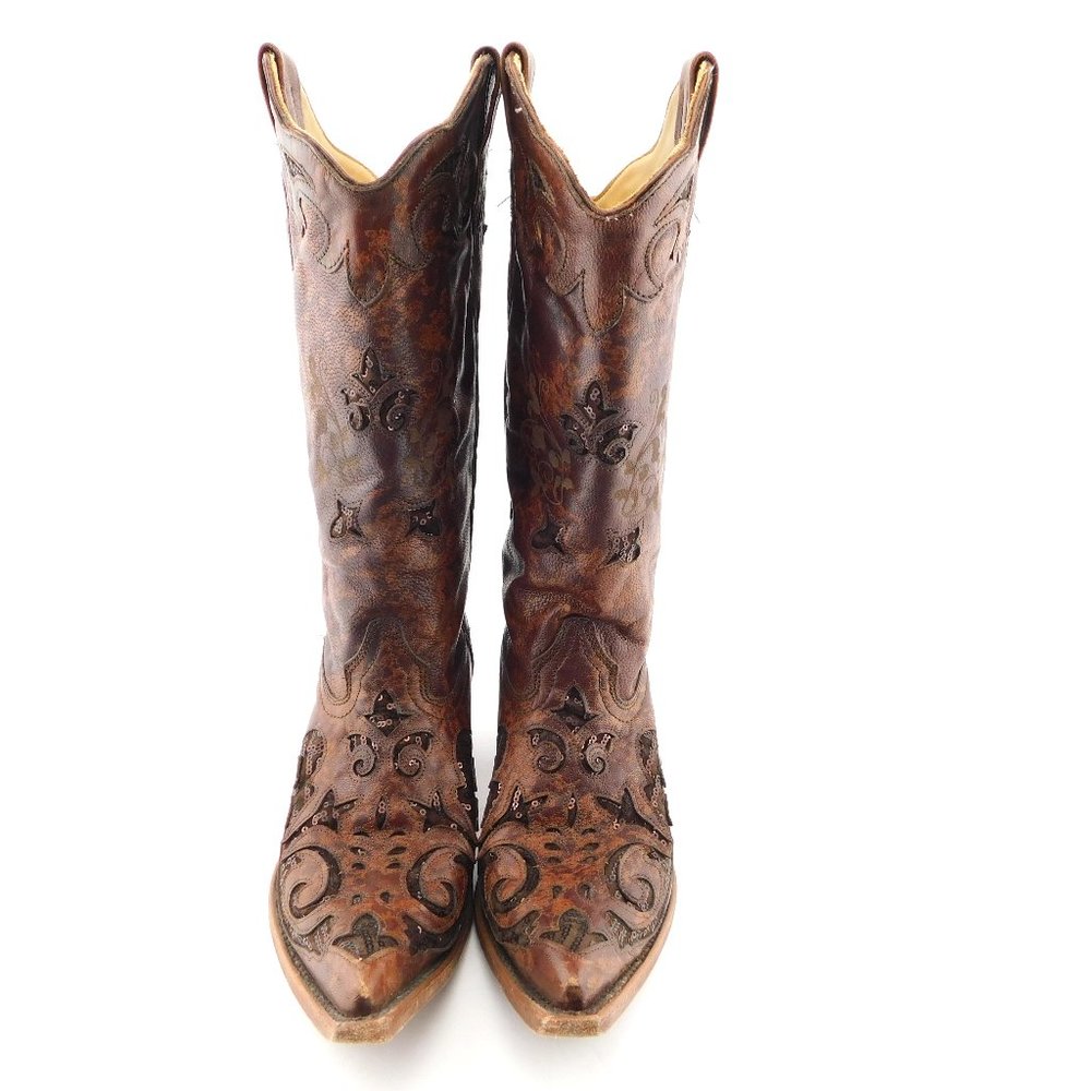 CORRAL Brown Distressed Leather Block Heel Western Boots 8